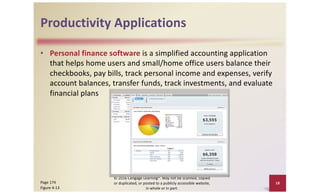 Productivity Applications
• Personal finance software is a simplified accounting application
that helps home users and small/home office users balance their
checkbooks, pay bills, track personal income and expenses, verify
account balances, transfer funds, track investments, and evaluate
financial plans
© 2016 Cengage Learning®. May not be scanned, copied
or duplicated, or posted to a publicly accessible website,
in whole or in part.
18
Page 174
Figure 4-13
 