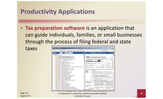 Productivity Applications
• Tax preparation software is an application that
can guide individuals, families, or small businesses
through the process of filing federal and state
taxes
© 2016 Cengage Learning®. May not be scanned, copied
or duplicated, or posted to a publicly accessible website,
in whole or in part.
20
Page 176
Figure 4-15
 