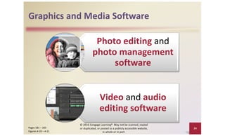 Graphics and Media Software
24
Pages 181 – 183
Figures 4-20 – 4-21
Photo editing and
photo management
software
Video and audio
editing software
© 2016 Cengage Learning®. May not be scanned, copied
or duplicated, or posted to a publicly accessible website,
in whole or in part.
 