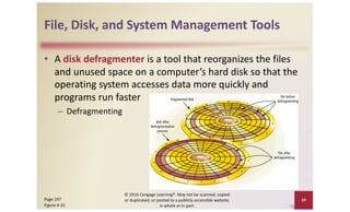 File, Disk, and System Management Tools
• A disk defragmenter is a tool that reorganizes the files
and unused space on a computer’s hard disk so that the
operating system accesses data more quickly and
programs run faster
– Defragmenting
© 2016 Cengage Learning®. May not be scanned, copied
or duplicated, or posted to a publicly accessible website,
in whole or in part.
39
Page 197
Figure 4-31
 