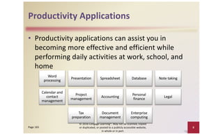 Productivity Applications
• Productivity applications can assist you in
becoming more effective and efficient while
performing daily activities at work, school, and
home
© 2016 Cengage Learning®. May not be scanned, copied
or duplicated, or posted to a publicly accessible website,
in whole or in part.
8
Page 165
Word
processing
Presentation Spreadsheet Database Note taking
Calendar and
contact
management
Project
management
Accounting
Personal
finance
Legal
Tax
preparation
Document
management
Enterprise
computing
 