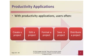Productivity Applications
• With productivity applications, users often:
© 2016 Cengage Learning®. May not be scanned, copied
or duplicated, or posted to a publicly accessible website,
in whole or in part.
9
Pages 165 - 166
Create a
project
Edit a
project
Format a
project
Save a
project
Distribute
a project
 