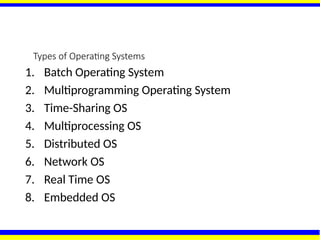 Types of Operating Systems
1. Batch Operating System
2. Multiprogramming Operating System
3. Time-Sharing OS
4. Multiprocessing OS
5. Distributed OS
6. Network OS
7. Real Time OS
8. Embedded OS
 