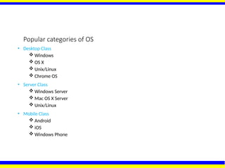 Popular categories of OS
• Desktop Class
 Windows
 OS X
 Unix/Linux
 Chrome OS
• Server Class
 Windows Server
 Mac OS X Server
 Unix/Linux
• Mobile Class
 Android
 iOS
 Windows Phone
 