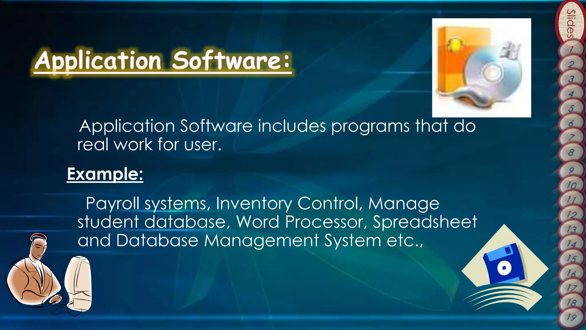 Slides
Application Software includes programs that do
real work for user.
Example:
Payroll systems, Inventory Control, Manage
student database, Word Processor, Spreadsheet
and Database Management System etc.,
 