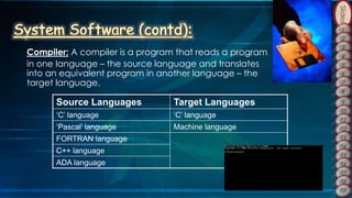 Slides
Source Languages Target Languages
‘C’ language ‘C’ language
‘Pascal’ language Machine language
FORTRAN language
C++ language
ADA language
Compiler: A compiler is a program that reads a program
in one language – the source language and translates
into an equivalent program in another language – the
target language.
 