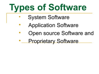 Types of Software
 System Software
 Application Software
 Open source Software and
 Proprietary Software
 