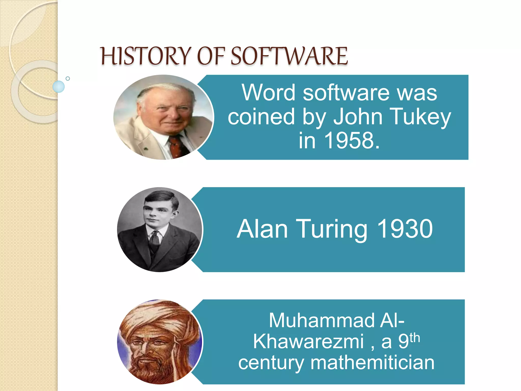 HISTORY OF SOFTWARE
Word software was
coined by John Tukey
in 1958.
Alan Turing 1930
Muhammad Al-
Khawarezmi , a 9th
century mathemitician
 