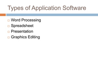 Types of Application Software
 Word Processing
 Spreadsheet
 Presentation
 Graphics Editing
 