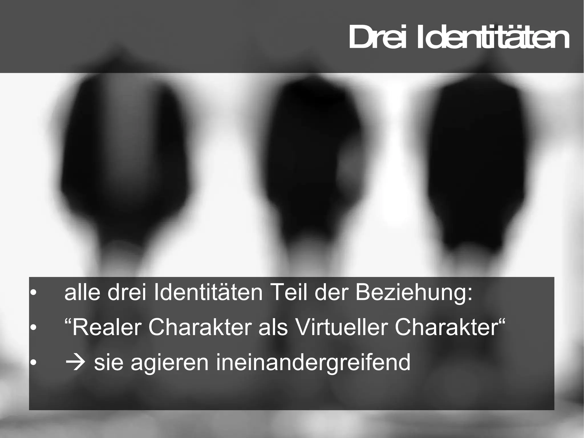 alle drei Identitäten Teil der Beziehung: “ Realer Charakter als Virtueller Charakter“    sie agieren ineinandergreifend Drei Identitäten 