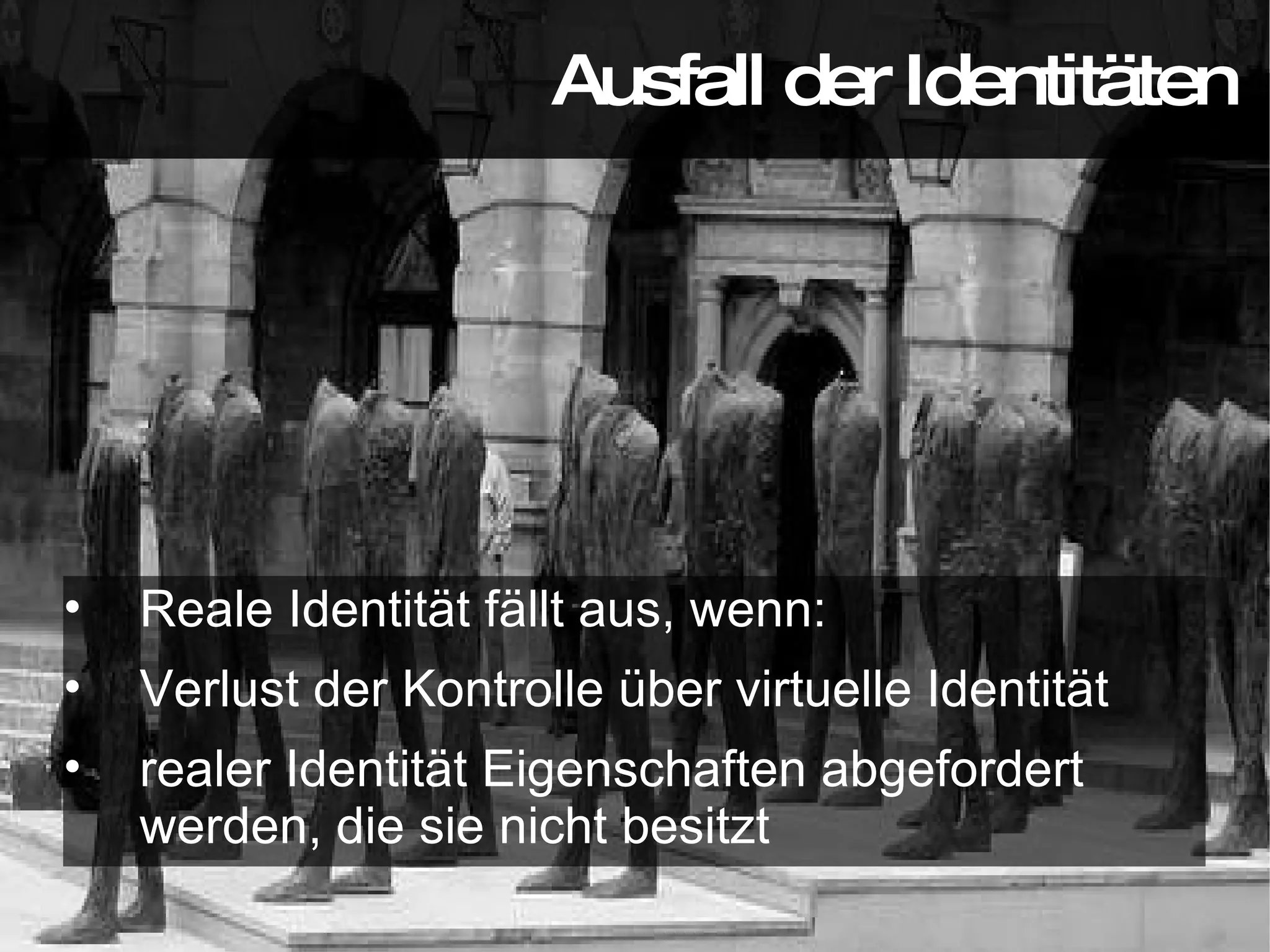 Ausfall der Identitäten Reale Identität fällt aus, wenn: Verlust der Kontrolle über virtuelle Identität realer Identität Eigenschaften abgefordert werden, die sie nicht besitzt ‏ Ausfall der Identitäten 