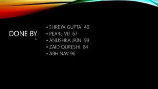DONE BY
-
• SHREYA GUPTA 40
• PEARL VIJ 67
• ANUSHKA JAIN 99
• ZAID QURESHI 84
• ABHINAV 96
 