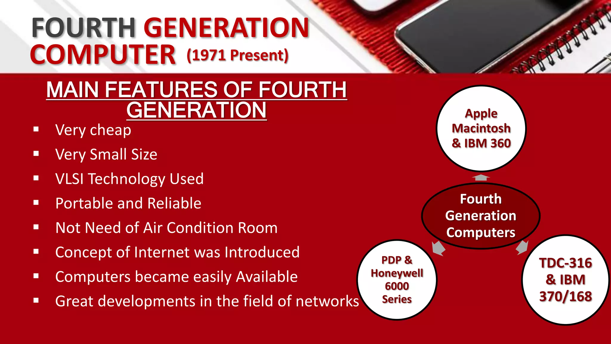 FOURTH GENERATION
MAIN FEATURES OF FOURTH
GENERATION
 Very cheap
 Very Small Size
 VLSI Technology Used
 Portable and Reliable
 Not Need of Air Condition Room
 Concept of Internet was Introduced
 Computers became easily Available
 Great developments in the field of networks
COMPUTER (1971 Present)
Fourth
Generation
Computers
Apple
Macintosh
& IBM 360
TDC-316
& IBM
370/168
PDP &
Honeywell
6000
Series
 