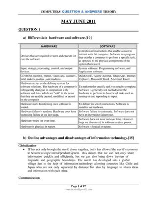 COMPUTERS: QUESTION & ANSWERS THEORY
Page 1 of 87
rmmakaha@gmail.com
MAY JUNE 2011
QUESTION 1
a) Differentiate hardware and software.[10]
HARDWARE SOFTWARE
Devices that are required to store and execute (or
run) the software.
Collection of instructions that enables a user to
interact with the computer. Software is a program
that enables a computer to perform a specific task,
as opposed to the physical components of the
system (hardware).
Input, storage, processing, control, and output
devices.
System software, Programming software, and
Application software.
CD-ROM, monitor, printer, video card, scanners ,
label makers, routers , and modems.
Quickbooks, Adobe Acrobat, WhatsApp , Internet
Explorer , Microsoft Word , Microsoft Excel
Hardware serves as the delivery system for
software solutions. The hardware of a computer is
infrequently changed, in comparison with
software and data, which are “soft” in the sense
that they are readily created, modified, or erased
on the computer
To perform the specific task you need to complete.
Software is generally not needed to for the
hardware to perform its basic level tasks such as
turning on and reponding to input.
Hardware starts functioning once software is
loaded.
To deliver its set of instructions, Software is
installed on hardware.
Hardware failure is random. Hardware does have
increasing failure at the last stage.
Software failure is systematic. Software does not
have an increasing failure rate.
Hardware wears out over time.
Software does not wear out over time. However,
bugs are discovered in software as time passes.
Hardware is physical in nature. Software is logical in nature.
b) Outline advantages and disadvantages of information technology.[15]
Globalization
• IT has not only brought the world closer together, but it has allowed the world's economy
to become a single interdependent system. This means that we can not only share
information quickly and efficiently, but we can also bring down barriers of
linguistic and geographic boundaries. The world has developed into a global
village due to the help of information technology allowing countries like Chile and
Japan who are not only separated by distance but also by language to shares ideas
and information with each other.
Communication
 
