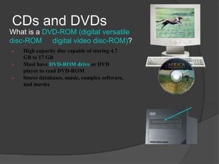 CDs and DVDs
What is a DVD-ROM (digital versatile
disc-ROM or digital video disc-ROM)?
   High capacity disc capable of storing 4.7
    GB to 17 GB
   Must have DVD-ROM drive or DVD
    player to read DVD-ROM
   Stores databases, music, complex software,
    and movies
                                                 DVD

                                                       DVD drive
 