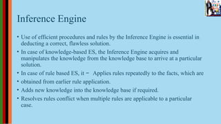 Inference Engine
• Use of efficient procedures and rules by the Inference Engine is essential in
deducting a correct, flawless solution.
• In case of knowledge-based ES, the Inference Engine acquires and
manipulates the knowledge from the knowledge base to arrive at a particular
solution.
• In case of rule based ES, it − Applies rules repeatedly to the facts, which are
• obtained from earlier rule application.
• Adds new knowledge into the knowledge base if required.
• Resolves rules conflict when multiple rules are applicable to a particular
case.
 