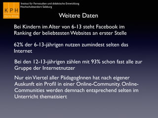 Institut für Fernstudien und didaktische Entwicklung	

Hochschulstandort Salzburg
Weitere Daten
Bei Kindern im Alter von 6-13 steht Facebook im
Ranking der beliebtesten Websites an erster Stelle
62% der 6-13-jährigen nutzen zumindest selten das
Internet
Bei den 12-13-jährigen zählen mit 93% schon fast alle zur
Gruppe der Internetnutzer
Nur einViertel aller PädagogInnen hat nach eigener
Auskunft ein Proﬁl in einer Online-Community. Online-
Communities werden demnach entsprechend selten im
Unterricht thematisiert
 