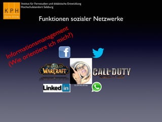 Institut für Fernstudien und didaktische Entwicklung	

Hochschulstandort Salzburg
CC BY-NC-SA inju
Funktionen sozialer Netzwerke
Informationsmanagement	

(Wie orientiere ich mich?)
 