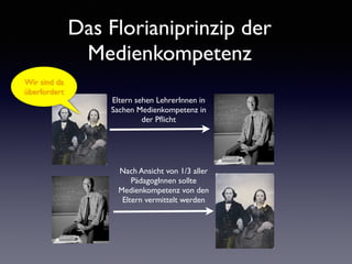 Das Florianiprinzip der
Medienkompetenz
Eltern sehen LehrerInnen in
Sachen Medienkompetenz in
der Pﬂicht
Nach Ansicht von 1/3 aller
PädagogInnen sollte
Medienkompetenz von den
Eltern vermittelt werden
Wir sind da
überfordert
 