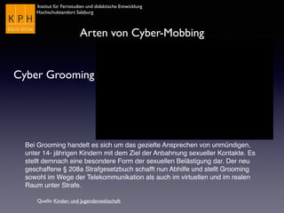 Institut für Fernstudien und didaktische Entwicklung	

Hochschulstandort Salzburg
Arten von Cyber-Mobbing
Cyber Grooming
Bei Grooming handelt es sich um das gezielte Ansprechen von unmündigen,
unter 14- jährigen Kindern mit dem Ziel der Anbahnung sexueller Kontakte. Es
stellt demnach eine besondere Form der sexuellen Belästigung dar. Der neu
geschaffene § 208a Strafgesetzbuch schafft nun Abhilfe und stellt Grooming
sowohl im Wege der Telekommunikation als auch im virtuellen und im realen
Raum unter Strafe.	

Quelle: Kinder- und Jugendanwaltschaft
 
