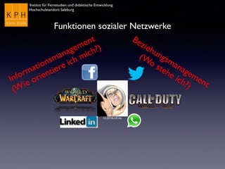 Institut für Fernstudien und didaktische Entwicklung
Hochschulstandort Salzburg
CC BY-NC-SA inju
Funktionen sozialer Netzwerke
Beziehungsmanagement
(Wo stehe ich?)
Informationsmanagement
(Wie orientiere ich mich?)
 