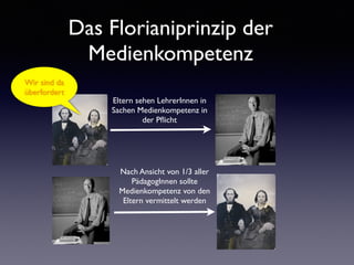 Das Florianiprinzip der
Medienkompetenz
Eltern sehen LehrerInnen in
Sachen Medienkompetenz in
der Pﬂicht
Nach Ansicht von 1/3 aller
PädagogInnen sollte
Medienkompetenz von den
Eltern vermittelt werden
Wir sind da
überfordert
 