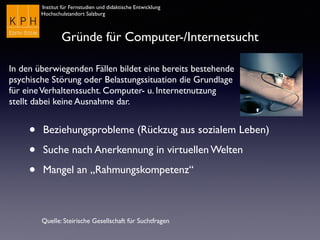 Institut für Fernstudien und didaktische Entwicklung
Hochschulstandort Salzburg
Gründe für Computer-/Internetsucht
• Beziehungsprobleme (Rückzug aus sozialem Leben)
• Suche nach Anerkennung in virtuellen Welten
• Mangel an „Rahmungskompetenz“
Quelle: Steirische Gesellschaft für Suchtfragen
In den überwiegenden Fällen bildet eine bereits bestehende
psychische Störung oder Belastungssituation die Grundlage
für eineVerhaltenssucht. Computer- u. Internetnutzung
stellt dabei keine Ausnahme dar.
 