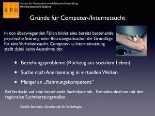 Institut für Fernstudien und didaktische Entwicklung
Hochschulstandort Salzburg
Gründe für Computer-/Internetsucht
• Beziehungsprobleme (Rückzug aus sozialem Leben)
• Suche nach Anerkennung in virtuellen Welten
• Mangel an „Rahmungskompetenz“
Quelle: Steirische Gesellschaft für Suchtfragen
In den überwiegenden Fällen bildet eine bereits bestehende
psychische Störung oder Belastungssituation die Grundlage
für eineVerhaltenssucht. Computer- u. Internetnutzung
stellt dabei keine Ausnahme dar.
BeiVerdacht auf eine bestehende Suchtdynamik - Kontaktaufnahme mit den
regionalen Suchtberatungsstellen
 