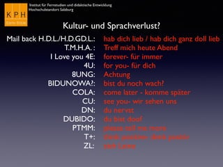 Institut für Fernstudien und didaktische Entwicklung
Hochschulstandort Salzburg
Kultur- und Sprachverlust?
Mail back H.D.L./H.D.GD.L.:
T.M.H.A. :
I Love you 4E:
4U:
8UNG:
BIDUNOWA?:
COLA:
CU:
DN:
DUBIDO:
PTMM:
T+:
ZL:
hab dich lieb / hab dich ganz doll lieb
Treff mich heute Abend
forever- für immer
for you- für dich
Achtung
bist du noch wach?
come later - komme später
see you- wir sehen uns
du nervst
du bist doof
please tell me more
think positive- denk positiv
zieh Leine
 