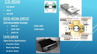 CD-ROM
 CD-ROM
 CD-R
 CD-RW
DVD-ROM DRIVE
DVD Recordable Formats
 DVD-R DVD+RW
 DVD-RW DVD-RAM
 DVD+R
TAPE DRIVE
Tape Drive Applications
• Transfer Data
• Back Up Data
• Archive Data
 