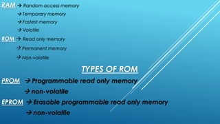 RAM  Random access memory
 Temporary memory
 Fastest memory
 Volatile
ROM  Read only memory
 Permanent memory
 Non-volatile
TYPES OF ROM
PROM  Programmable read only memory
 non-volatile
EPROM  Erasable programmable read only memory
 non-volatile
 