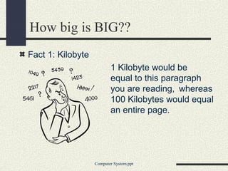 How big is BIG??
Fact 1: Kilobyte
                          1 Kilobyte would be
                          equal to this paragraph
                          you are reading, whereas
                          100 Kilobytes would equal
                          an entire page.




                   Computer System.ppt
 