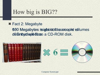 How big is BIG??
Fact 2: Megabyte
650 Megabytes is about the amount volumes
100                might hold a couple of
of Encyclopedias.
data that will fit on a CD-ROM disk.




               Computer System.ppt
 