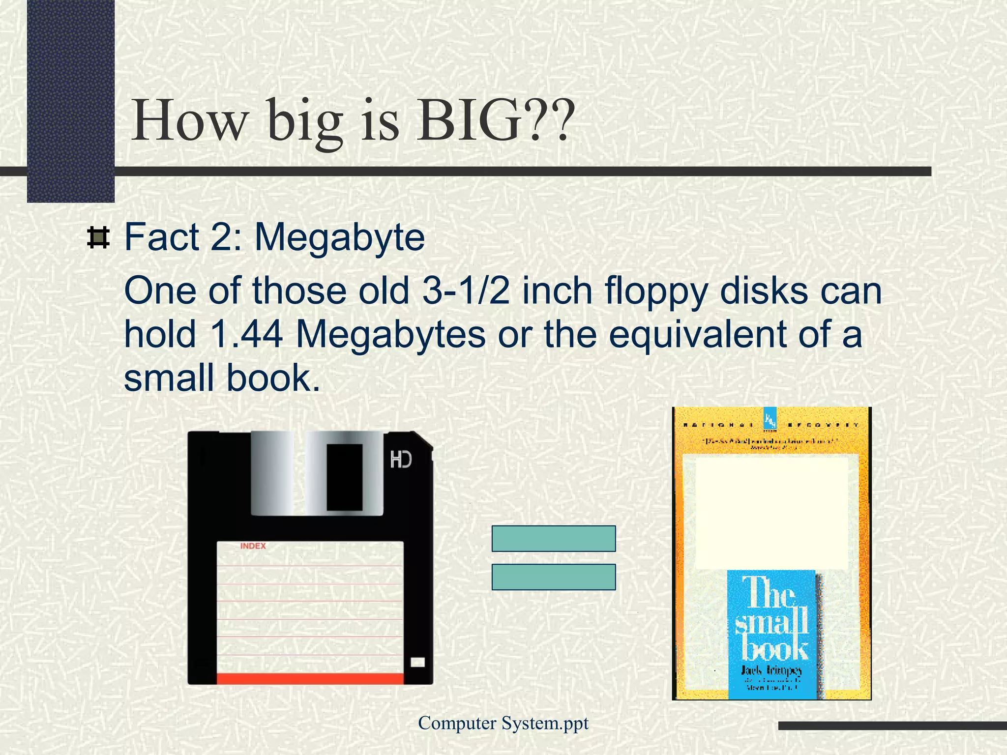 How big is BIG??
Fact 2: Megabyte
One of those old 3-1/2 inch floppy disks can
hold 1.44 Megabytes or the equivalent of a
small book.




                 Computer System.ppt
 
