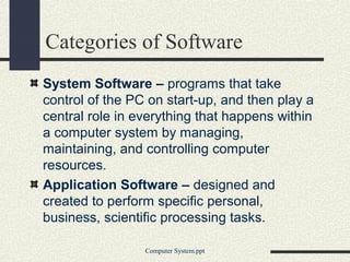 Categories of Software
System Software – programs that take
control of the PC on start-up, and then play a
central role in everything that happens within
a computer system by managing,
maintaining, and controlling computer
resources.
Application Software – designed and
created to perform specific personal,
business, scientific processing tasks.
Computer System.ppt
 