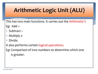 This has two main functions. It carries out the Arithmetic's
Eg: Add +
 Subtract –
 Multiply x
 Divide.
It also performs certain logical operations.
Eg: Comparison of two numbers to determine which one
is greater.
Arithmetic Logic Unit (ALU)
M.R.M.Nowfeek
 