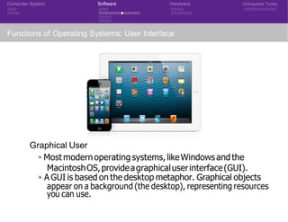 Computer System Software Hardware Computers Today
Functions of Operating Systems: User Interface
Graphical User
◮ Most modern operating systems, likeWindowsand the
MacintoshOS,provideagraphicaluserinterface(GUI).
◮ A GUI is based on the desktop metaphor. Graphical objects
appear on a background (the desktop), representing resources
you can use.
 