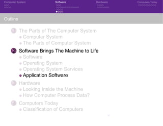 Computer System Software Hardware Computers Today
Outline
1 The Parts of The Computer System
Computer System
The Parts of Computer System
2 Software Brings The Machine to Life
Software
Operating System
Operating System Services
Application Software
3 Hardware
Looking Inside the Machine
How Computer Process Data?
4 Computers Today
Classification of Computers
4CSE 101: Introduction to Computer Science
 