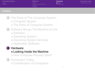 Computer System Software Hardware Computers Today
Outline
1 The Parts of The Computer System
Computer System
The Parts of Computer System
2 Software Brings The Machine to Life
Software
Operating System
Operating System Services
Application Software
3 Hardware
Looking Inside the Machine
How Computer Process Data?
4 Computers Today
Classification of Computers
4CSE 101: Introduction to Computer Science
 