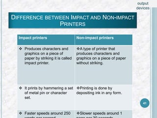 41
Impact printers Non-impact printers
 Produces characters and
graphics on a piece of
paper by striking it is called
impact printer.
A type of printer that
produces characters and
graphics on a piece of paper
without striking.
 It prints by hammering a set
of metal pin or character
set.
Printing is done by
depositing ink in any form.
 Faster speeds around 250 Slower speeds around 1
DIFFERENCE BETWEEN IMPACT AND NON-IMPACT
PRINTERS
output
devices
 