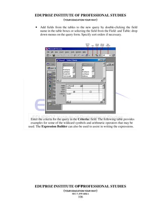 EDUPROZ INSTITUTE OF PROFESSIONAL STUDIES
                  (YOUR EDUCATION YOUR WAY)

     •   Add fields from the tables to the new query by double-clicking the field
         name in the table boxes or selecting the field from the Field: and Table: drop
         down menus on the query form. Specify sort orders if necessary.




  Enter the criteria for the query in the Criteria: field. The following table provides
  examples for some of the wildcard symbols and arithmetic operators that may be
used. The Expression Builder can also be used to assist in writing the expressions.




                            106
     EDUPROZ INSTITUTE OF PROFESSIONAL STUDIES
                  (YOUR EDUCATION YOUR WAY)
                                   SEC-7, DWARKA
                                        106
 