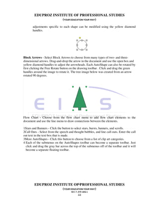 EDUPROZ INSTITUTE OF PROFESSIONAL STUDIES
                     (YOUR EDUCATION YOUR WAY)
       adjustments specific to each shape can be modified using the yellow diamond
       handles.




Block Arrows - Select Block Arrows to choose from many types of two- and three-
dimensional arrows. Drag-and-drop the arrow in the document and use the open box and
yellow diamond handles to adjust the arrowheads. Each AutoShape can also be rotated by
first clicking the Free Rotate button on the drawing toolbar . Click and drag the green
handles around the image to rotate it. The tree image below was created from an arrow
rotated 90 degrees.




Flow Chart - Choose from the flow chart menu to add flow chart elements to the
document and use the line menu to draw connections between the elements.

1Stars and Banners - Click the button to select stars, bursts, banners, and scrolls.
2Call Outs - Select from the speech and thought bubbles, and line call outs. Enter the call
out text in the text box that is made.
3More AutoShapes - Click this button to choose from a list of clip art categories.
4 Each of the submenus on the AutoShapes toolbar can become a separate toolbar. Just
  click and drag the gray bar across the top of the submenus off of the toolbar and it will
  become a separate floating toolbar.




                                44
        EDUPROZ INSTITUTE OF PROFESSIONAL STUDIES
                     (YOUR EDUCATION YOUR WAY)
                                      SEC-7, DWARKA
                                            44
 