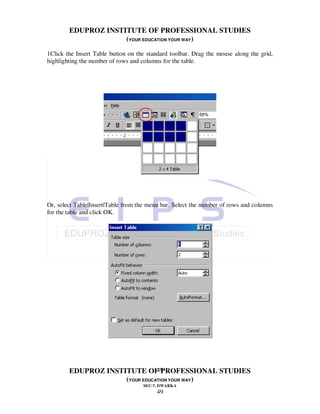 EDUPROZ INSTITUTE OF PROFESSIONAL STUDIES
                     (YOUR EDUCATION YOUR WAY)
1Click the Insert Table button on the standard toolbar. Drag the mouse along the grid,
highlighting the number of rows and columns for the table.




Or, select Table|Insert|Table from the menu bar. Select the number of rows and columns
for the table and click OK.




                                49
        EDUPROZ INSTITUTE OF PROFESSIONAL STUDIES
                     (YOUR EDUCATION YOUR WAY)
                                    SEC-7, DWARKA
                                         49
 