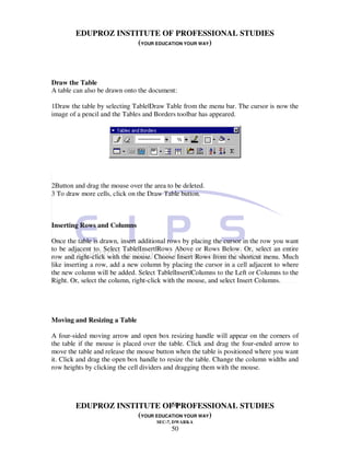 EDUPROZ INSTITUTE OF PROFESSIONAL STUDIES
                     (YOUR EDUCATION YOUR WAY)



Draw the Table
A table can also be drawn onto the document:

1Draw the table by selecting Table|Draw Table from the menu bar. The cursor is now the
image of a pencil and the Tables and Borders toolbar has appeared.




2Button and drag the mouse over the area to be deleted.
3 To draw more cells, click on the Draw Table button.



Inserting Rows and Columns

Once the table is drawn, insert additional rows by placing the cursor in the row you want
to be adjacent to. Select Table|Insert|Rows Above or Rows Below. Or, select an entire
row and right-click with the mouse. Choose Insert Rows from the shortcut menu. Much
like inserting a row, add a new column by placing the cursor in a cell adjacent to where
the new column will be added. Select Table|Insert|Columns to the Left or Columns to the
Right. Or, select the column, right-click with the mouse, and select Insert Columns.




Moving and Resizing a Table

A four-sided moving arrow and open box resizing handle will appear on the corners of
the table if the mouse is placed over the table. Click and drag the four-ended arrow to
move the table and release the mouse button when the table is positioned where you want
it. Click and drag the open box handle to resize the table. Change the column widths and
row heights by clicking the cell dividers and dragging them with the mouse.




                                50
        EDUPROZ INSTITUTE OF PROFESSIONAL STUDIES
                     (YOUR EDUCATION YOUR WAY)
                                     SEC-7, DWARKA
                                           50
 