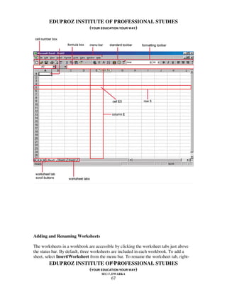 EDUPROZ INSTITUTE OF PROFESSIONAL STUDIES
                     (YOUR EDUCATION YOUR WAY)




Adding and Renaming Worksheets

The worksheets in a workbook are accessible by clicking the worksheet tabs just above
the status bar. By default, three worksheets are included in each workbook. To add a
sheet, select Insert|Worksheet from the menu bar. To rename the worksheet tab, right-
                                             67
          EDUPROZ INSTITUTE OF PROFESSIONAL STUDIES
                              (YOUR EDUCATION YOUR WAY)
                                     SEC-7, DWARKA
                                          67
 
