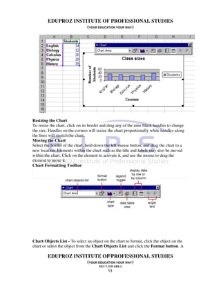 EDUPROZ INSTITUTE OF PROFESSIONAL STUDIES
                     (YOUR EDUCATION YOUR WAY)




Resizing the Chart
To resize the chart, click on its border and drag any of the nine black handles to change
the size. Handles on the corners will resize the chart proportionally while handles along
the lines will stretch the chart.
Moving the Chart
Select the border of the chart, hold down the left mouse button, and drag the chart to a
new location. Elements within the chart such as the title and labels may also be moved
within the chart. Click on the element to activate it, and use the mouse to drag the
element to move it.
Chart Formatting Toolbar




Chart Objects List - To select an object on the chart to format, click the object on the
chart or select the object from the Chart Objects List and click the Format button. A

                                91
        EDUPROZ INSTITUTE OF PROFESSIONAL STUDIES
                     (YOUR EDUCATION YOUR WAY)
                                      SEC-7, DWARKA
                                            91
 