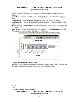 EDUPROZ INSTITUTE OF PROFESSIONAL STUDIES
                     (YOUR EDUCATION YOUR WAY)
window containing the properties of that object will then appear to make formatting
changes.
Chart Type - Click the arrowhead on the chart type button to select a different type of
chart.
Legend Toggle - Show or hide the chart legend by clicking this toggle button.
Data Table view - Display the data table instead of the chart by clicking the Data Table
toggle button.
Display Data by Column or Row - Charts the data by columns or rows according to the
data sheet.
Angle Text - Select the category or value axis and click the Angle Downward or Angle
Upward button to angle the the selected by +/- 45 degrees.




Copying the Chart to Microsoft Word
A finished chart can be copied into a Microsoft Word document. Select the chart and
click Copy. Open the destination document in Word and click Paste.




Unit-4
Excel
INTRODUCTION TO MS-ACCESS
                                92
        EDUPROZ INSTITUTE OF PROFESSIONAL STUDIES
                     (YOUR EDUCATION YOUR WAY)
                                     SEC-7, DWARKA
                                           92
 
