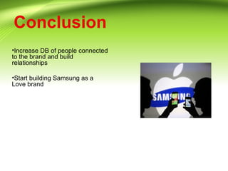 Conclusion
•Increase DB of people connected
to the brand and build
relationships
•Start building Samsung as a
Love brand
 