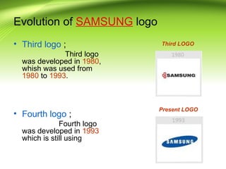 Evolution of SAMSUNG logo
• Third logo ;
Third logo
was developed in 1980,
whish was used from
1980 to 1993.
• Fourth logo ;
Fourth logo
was developed in 1993
which is still using
Third LOGO
Present LOGO
 