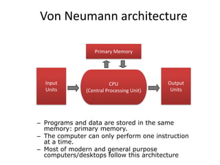 Von Neumann architecture
Primary Memory

Input
Units

CPU
(Central Processing Unit)

Output
Units

– Programs and data are stored in the same
memory: primary memory.
– The computer can only perform one instruction
at a time.
– Most of modern and general purpose
computers/desktops follow this architecture

 